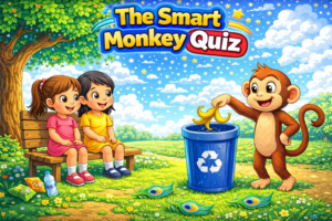 Monkey quiz with children recycling bananas