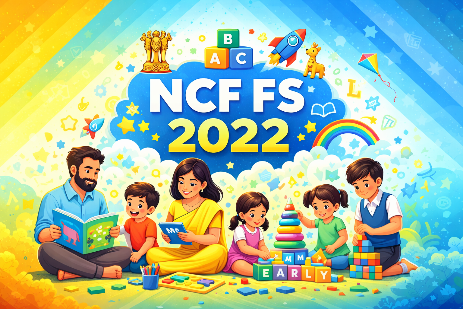 Colorful educational scene with children. "NCF FS 2022"