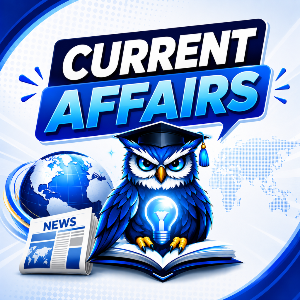 Current Affairs thumbnail with an owl, globe, newspaper and world map.