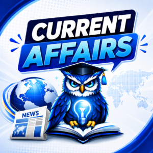Current Affairs Quiz 31 August 2026 Current Affairs thumbnail with an owl, globe, newspaper and world map.